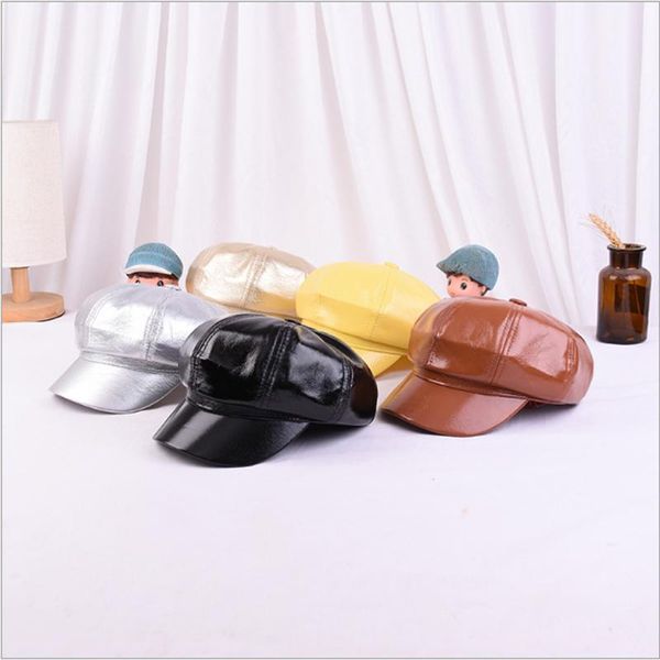 

autumn winter kids baby pure color gloss octagonal cap pu leather beret girl fashion all-match painter hat child gorras caps & hats, Yellow