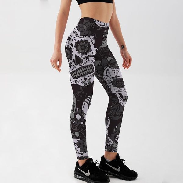 

yoga outfit leggings fitness slim women's black&white skull legging fashion stretch digital print pants cool trousers