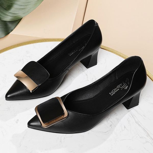 

dress shoes women retro pointed toe thick heels slip on pumps lady genuine leather, Black