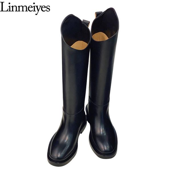 

boots genuine leather knee-high female round toe fashion platform outdoor brand long motorcycle women botas mujer, Black