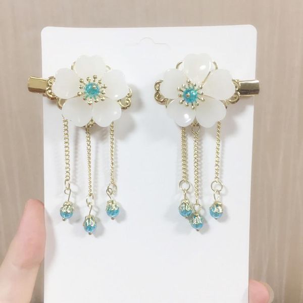 

hair accessories 2pcs vintage cherry blossom tassel antique clips side clip hairpin hanfu chinese traditional headdress handmade, Slivery;white