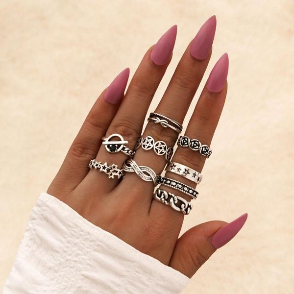 

pcs/set punk chunky link star flower rings set geometric personality for women men jewlery accessories cluster, Golden;silver