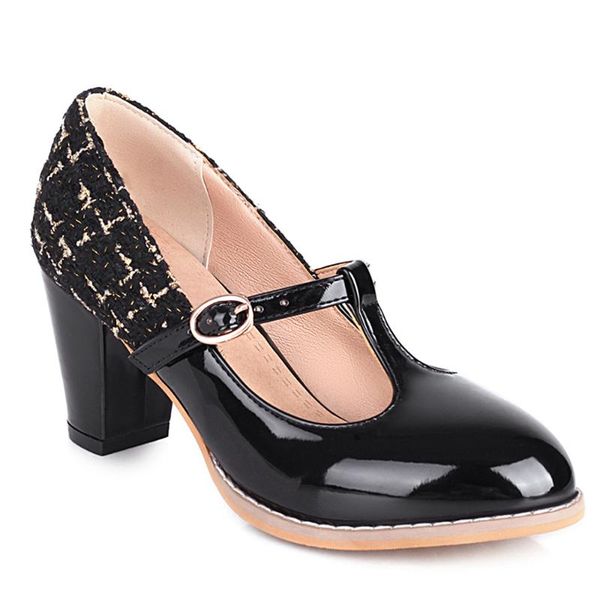 

light blue bright leather stitching tweed fabric sweet high-heeled thick-heeled metal buckle patent red women's shoes dress, Black