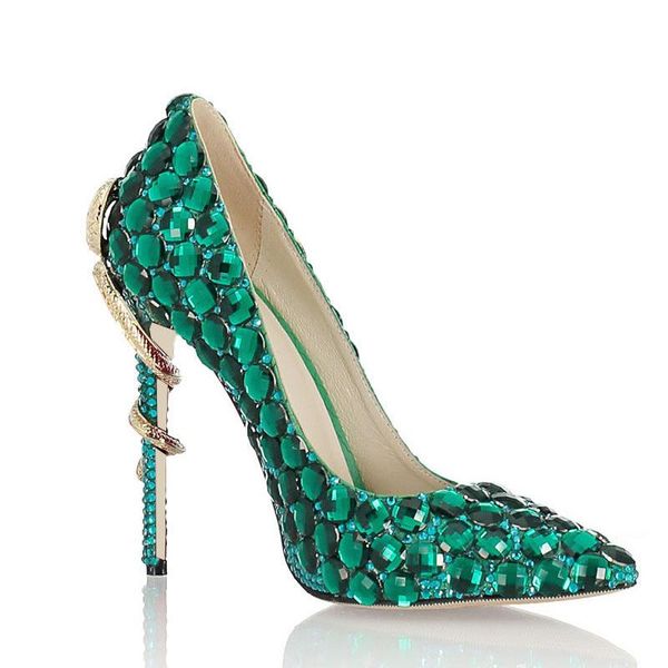 Designer-verde strass salto de cobra sapato feminino couro genuíno exclusivo salto alto pontiagudo bombas chaussures sapato de casamento femme