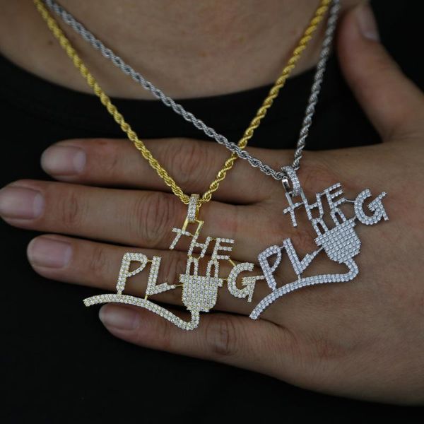 

chains iced out bling cz letter pendant shiny 5a cubic zirconia the plug necklace with rope chain choker hip hop jewelry for men boy, Silver