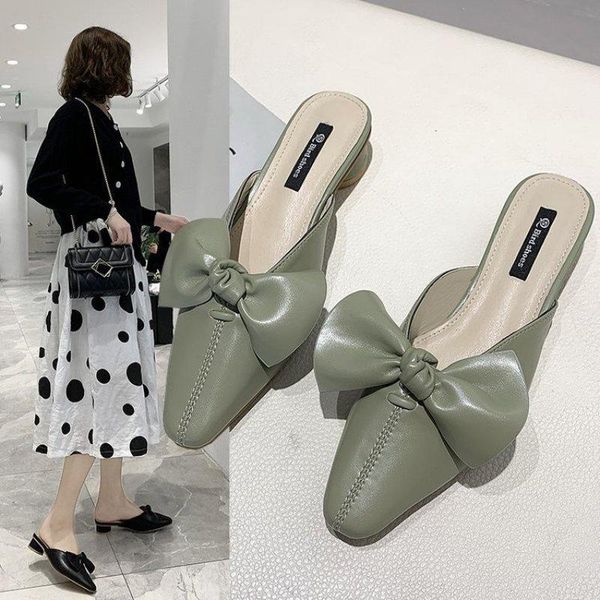 

fashion dress sandals woman summer outdoor pointed toe med heels slides half slippers thick mueller shoes, Black