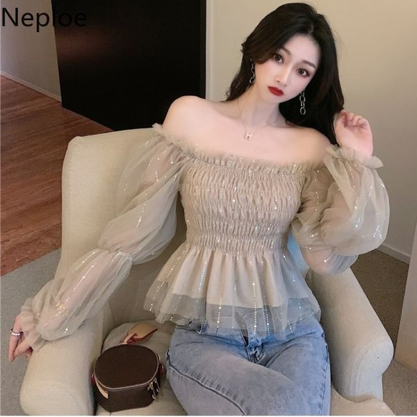 

neploe chiffon blouse women temperament chic korean bling blusas gauze puff sleeve short shirts chic square collar pleated 210422, White
