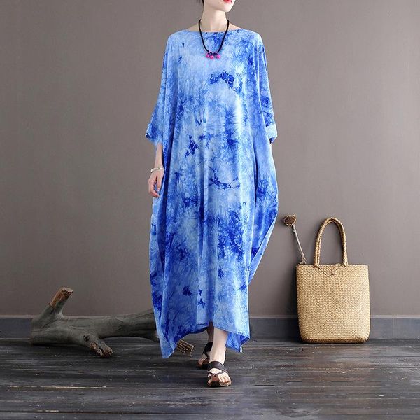 

spring women maxi long dress vintage plus size jupe longue femme tie dye print daily casual v neck dresses robe ete, Black;gray