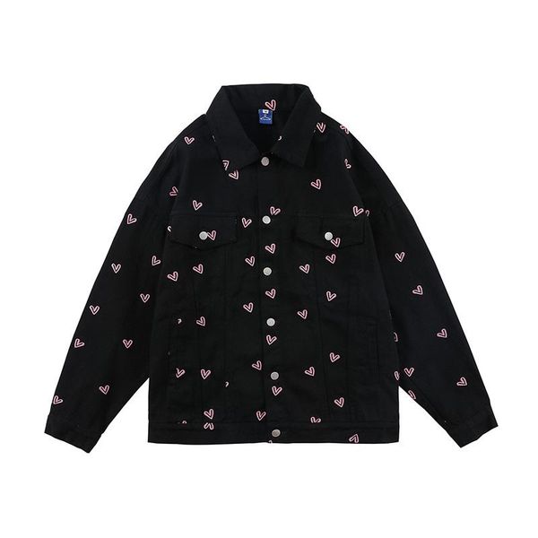 

men's jackets harajuku full sweetheart print streetwear mens jeans windbreaker oversize washed casual denim coat hip hop loose clothes, Black;brown