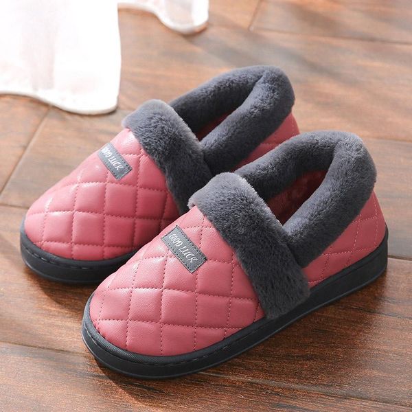 

women slippers winter couple shoes house warm plush slip on pu leather waterproof ladies indoor home footwear female, Black
