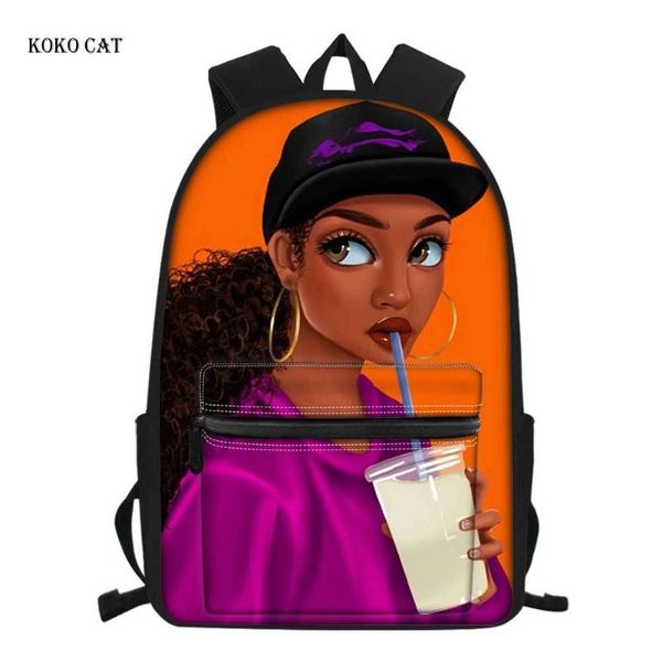 

shoulder backpack for school black art african girl printing junior schoolbag teenagers large lapbags