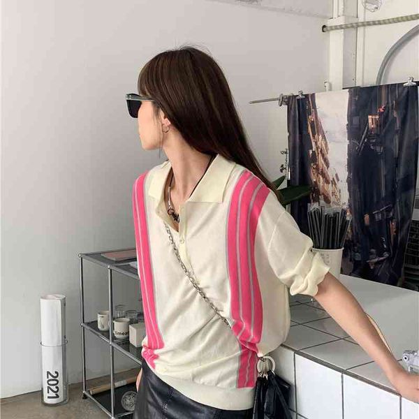 

women's polos shirt women korean fashion blouses patchwork knit cute short sleeve rose pink blue summer 2021 ym9n, White