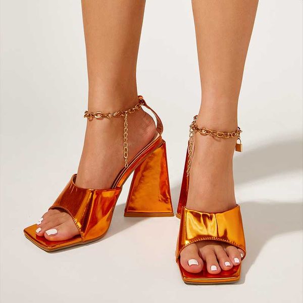 

sandals modern dress shoes summer women fashion ankle gold chain high heels block heel square toe, Black
