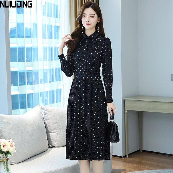 

casual dresses nijiuding autumn bow collar multicolor dot a-line women dress high waist long sleeve mid-length pleated female 2021, Black;gray