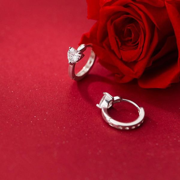 

hoop & huggie 925 sterling silver sweet shiny single zircon heart cubic zirconia earrings for women lady daughter gift, Golden;silver