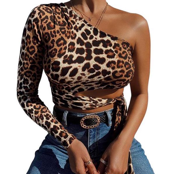 

women's t-shirt women one shoulder crop t-shirts leopard print long sleeve shirts lace-up waist slim fit, White
