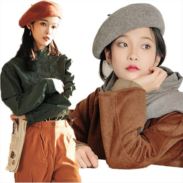 

french beret hat women autumn winter plain cap wool warm street shopping stylish berets femme girls beanie hats caps, Blue;gray