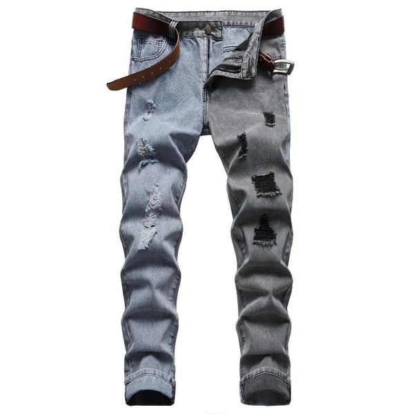 

men's jeans spring autumn men two-color splicing slim frayed denim trousers fashion hip-hop male skinny streetwear, Blue