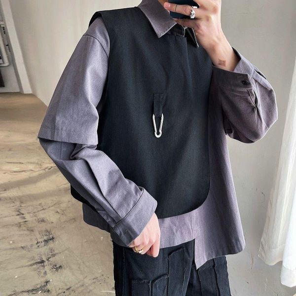 

men's casual shirts 2021 autumn two pieces set turn-down collar long sleeve shirt for men loose japan style irregular clothing, White;black