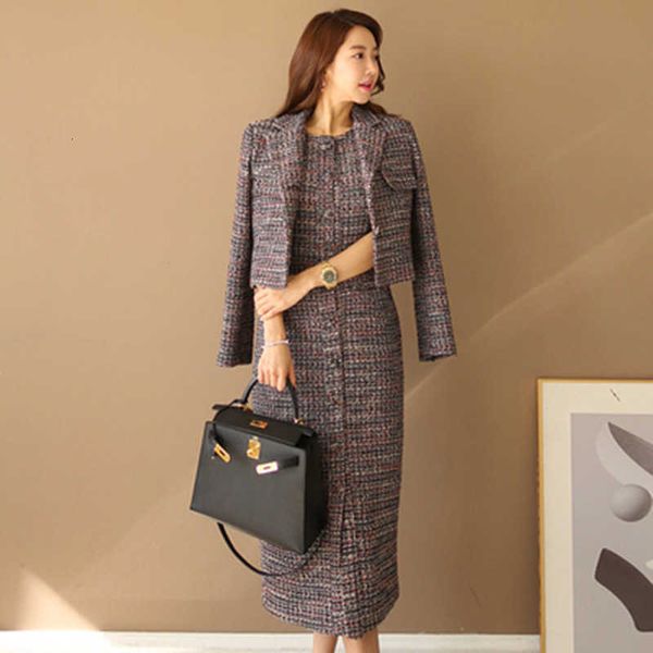 

two piece dress winter set single breasted woollen tweed plaid bow jacket coat + women sleeveless vest suits hc3k, White