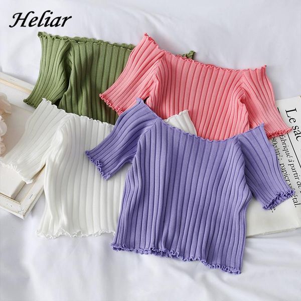 

women's t-shirt women t-shirts off shoulder knitting crop short sleeve stretchy ruffles hem stripes for, White