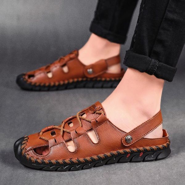 

sandals mens shoes men summer handamde sewing beach breathable buckle gladiator zapatillas hombre, Black