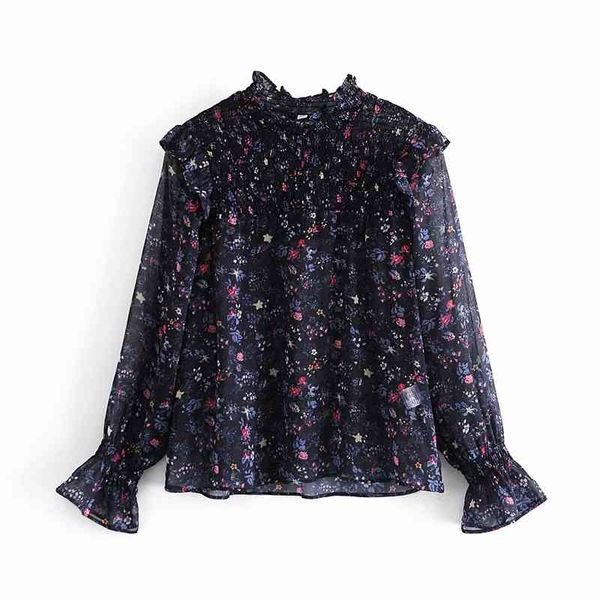 

women's knits & tees elegant women floral print shirts fashion ladies stand collar elastic streetwear female chic ruffles chi, White