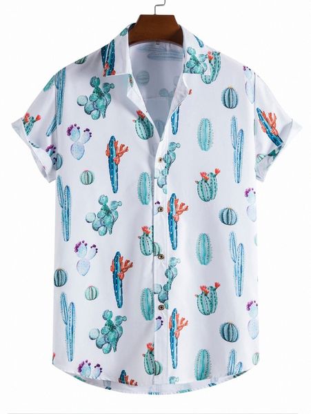 

men random cactus print curved hem shirt 94ol#, White;black