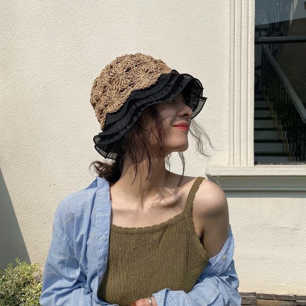 

wide brim hats ladies lace knitted fisherman hat hollow crochet flower cute sweet romantic sun, Blue;gray