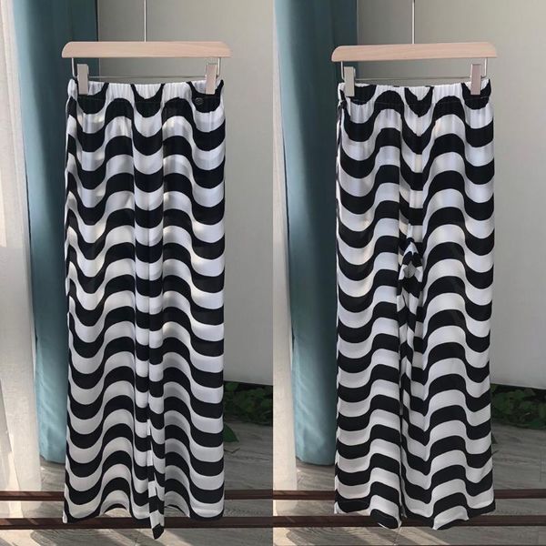 

women's pants & capris women 2021 elegant simple summer classic big wave printed silk suit comfortable trousers casual, Black;white