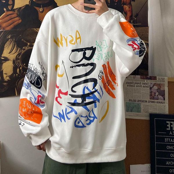 

men's hoodies & sweatshirts spring and autumn graffiti hong kong style harajuku sweatshirt male ins loose trend long-sleeved shirt hip-, Black