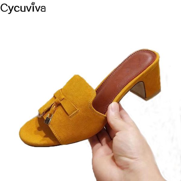 

slippers suede chunky heel women metal decor open toe sandals woman summer high mules runway outwear party shoes, Black