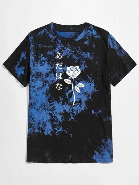 

romwe guys japanese writing floral graphic tie dye tee k0rt#, White;black