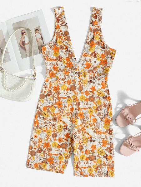 

floral print plunging neck romper t0or#, White