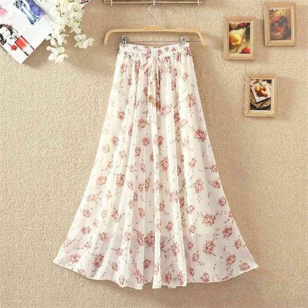

women summer elegant floral printed midi boho beach skirts fashion ladies spring streetwear high waist casual chiffon skirt s245 210621, Black