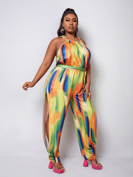 

sxy plus brush print slit side tie shoulder belted cami jumpsuit t2de#, Black