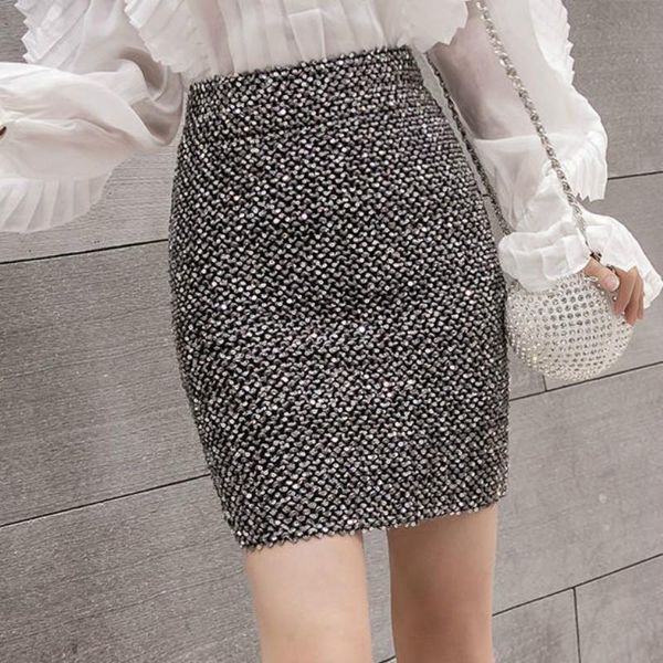 

skirts 2021 women autumn winter vintage mini lady print sequined high waist a-line skirt female casual loose elegant faldas g265, Black