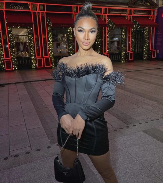 

dresses 2021 women spring off shoulder long sleeve feather black corset bodycon bandage elegant celebrity evening party, Black;gray