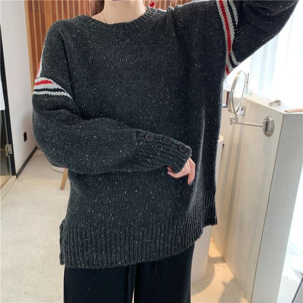 

snowflake tb round neck pullover striped thick stick knitted sweater, White;black