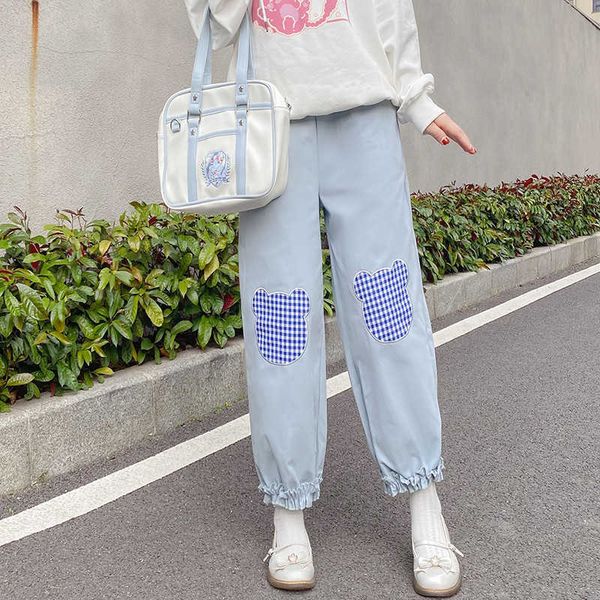 

women's jeans japanese soft girls wide pants women lolita kawaii bear embroidery vintage plaid trousers high waist cute lace bloom, Blue
