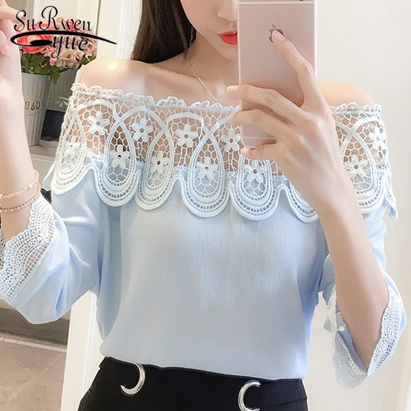 

women's and blouses women summer chiffon blouse shirt short sleeve hollow out slash neck off shoulder 3465 50 210518, White