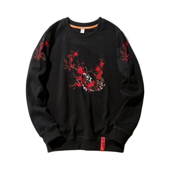 

sweatshirts for men women yokosuka souvenir plum flower embroidery hoodie long sleeve o neck cotton knit harajuku pullover 210730, Black