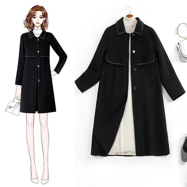 

women's wool & blends large black coat 2021 fashionable loose thin 80055