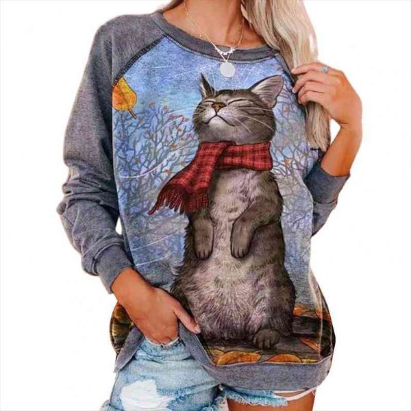 

women sweatshirts o neck long sleeve leaves cats print blouse autumn winter sweatshirt casual hoodies plus size, Black
