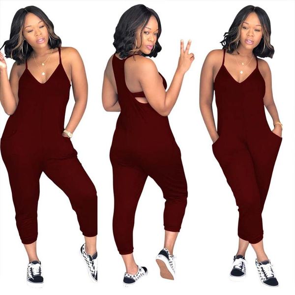 

women's jumpsuits & rompers summer 6colors jumpsuit strap plus size romper v neck backless bodysuit female solid sleeveless slip overal, Black;white