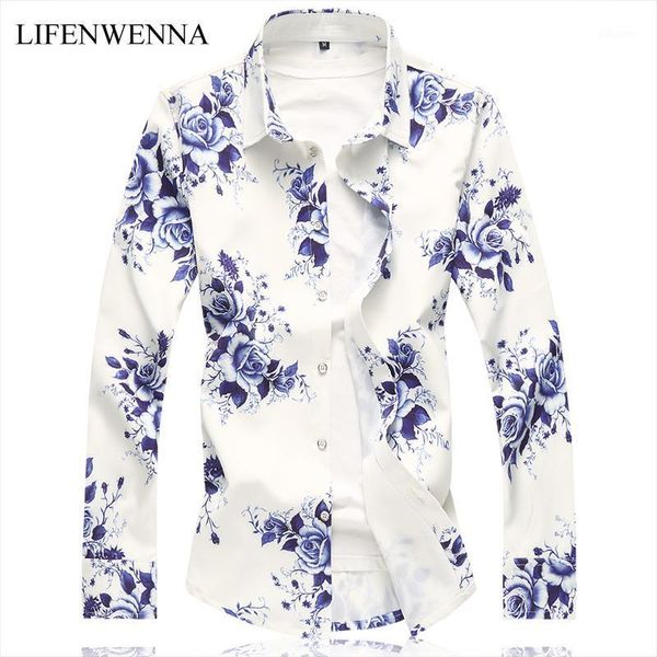 

autumn men's shirt fashion floral print long sleeve shirts mens clothes trend casual flower men plus size -7xl, White;black