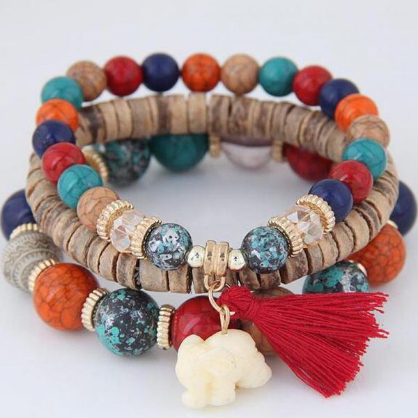 

charm bracelets cute elephant charms bracelet set 3-layer handmade stone bead for women wood tassel & bangles jewelry s2713, Golden;silver