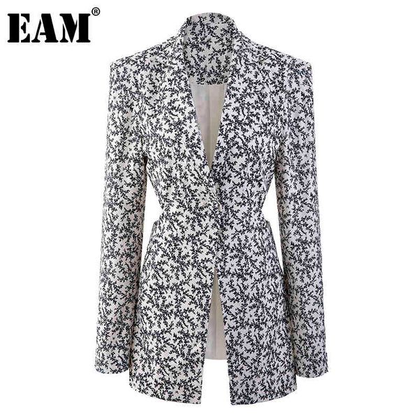 

[eam] women black pattern printed long blazer lapel long sleeve loose fit jacket fashion spring autumn 1dd6922 21512, White;black