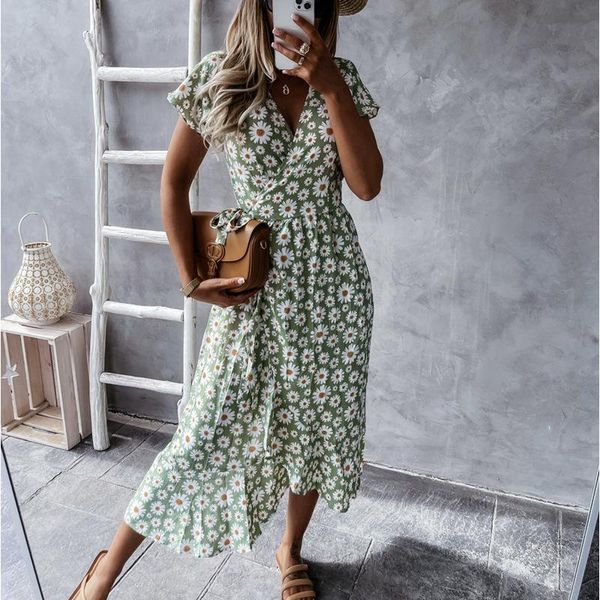 

casual dresses deep v ruffled one-piece lace wrap dress mid-length short-sleeved cardigan, Black;gray