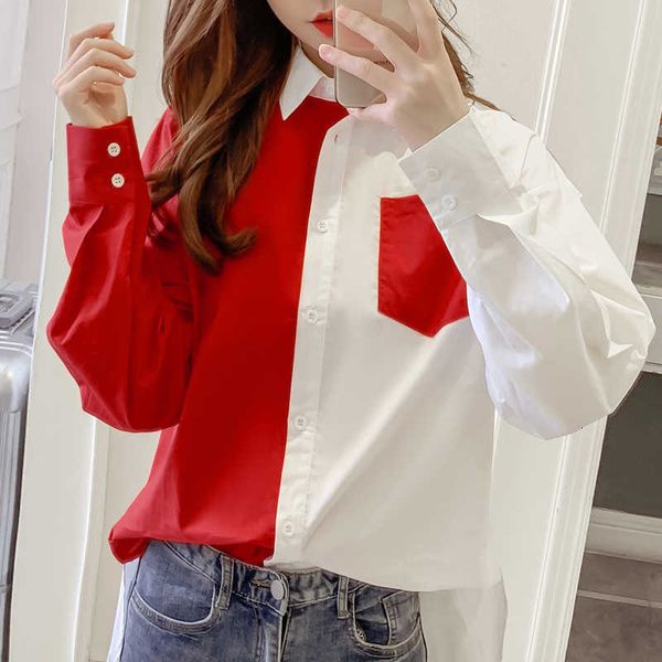 

women's knits & tees red white patchwork spring blouse cotton long sleeve casual korean shirts pocket loose elegant plus size